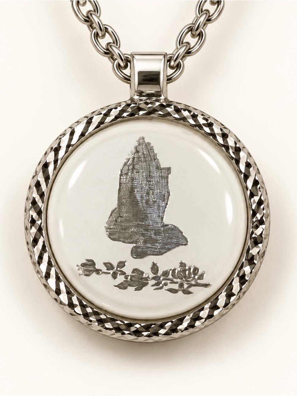 Silver Tone Serenity Prayer Praying Hands Roses Pendant Necklace Religious